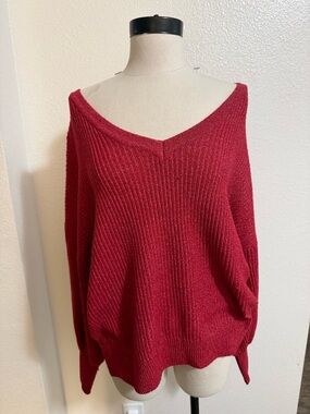 Women's V-Neck Oversized Ribbed Sweater - Red